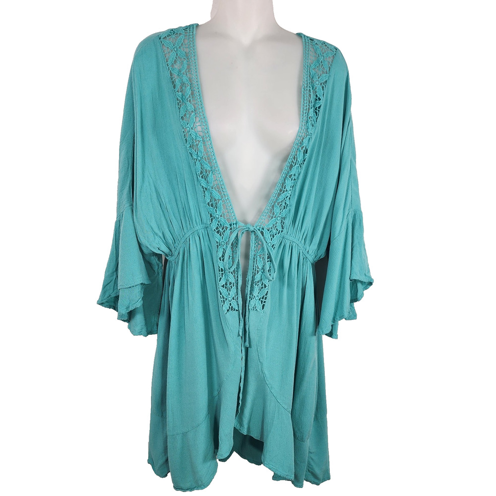 Maurices Womens Front Tie Waist Crochet Trim Kimono Open Elbow Flutter Sleeve M